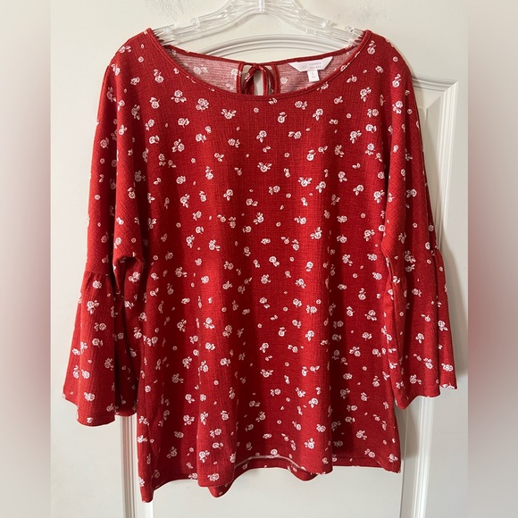 Tops - Lauren Conrad Dark Orange Floral Women's Blouse with Statement Sleeves Size L